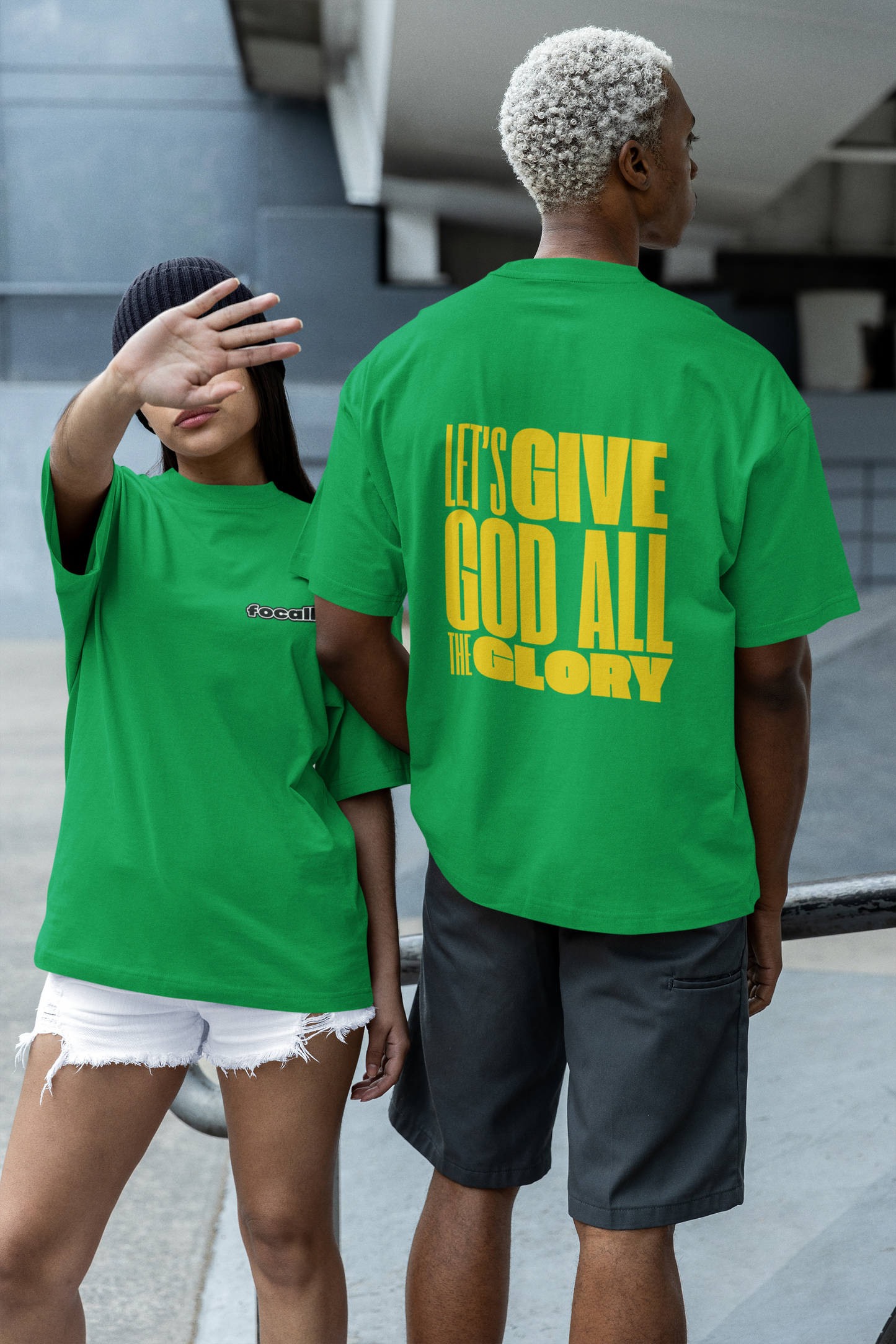 Classic Unisex Crew Neck T-Shirt | Back | Let's give God the glory - Yellow letters