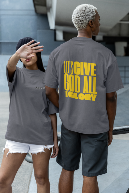 Classic Unisex Crew Neck T-Shirt | Back | Let's give God the glory - Yellow letters