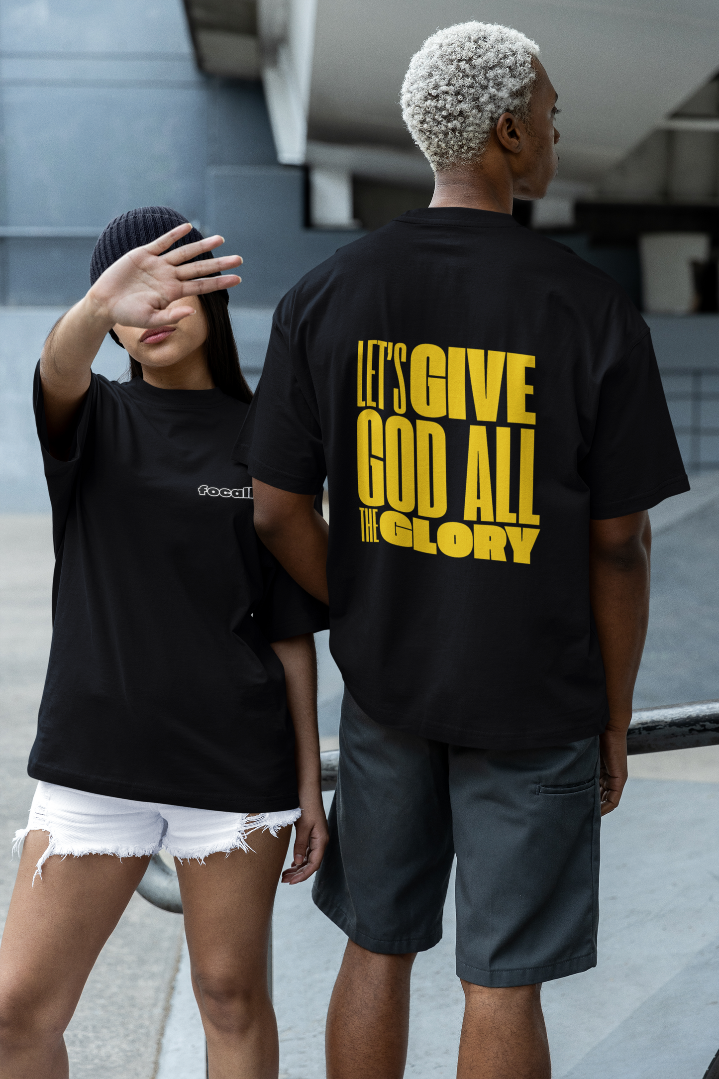 Classic Unisex Crew Neck T-Shirt | Back | Let's give God the glory - Yellow letters