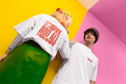 Classic Unisex Crew Neck T-Shirt | Back | Let's Give the Glory - Red Lettering