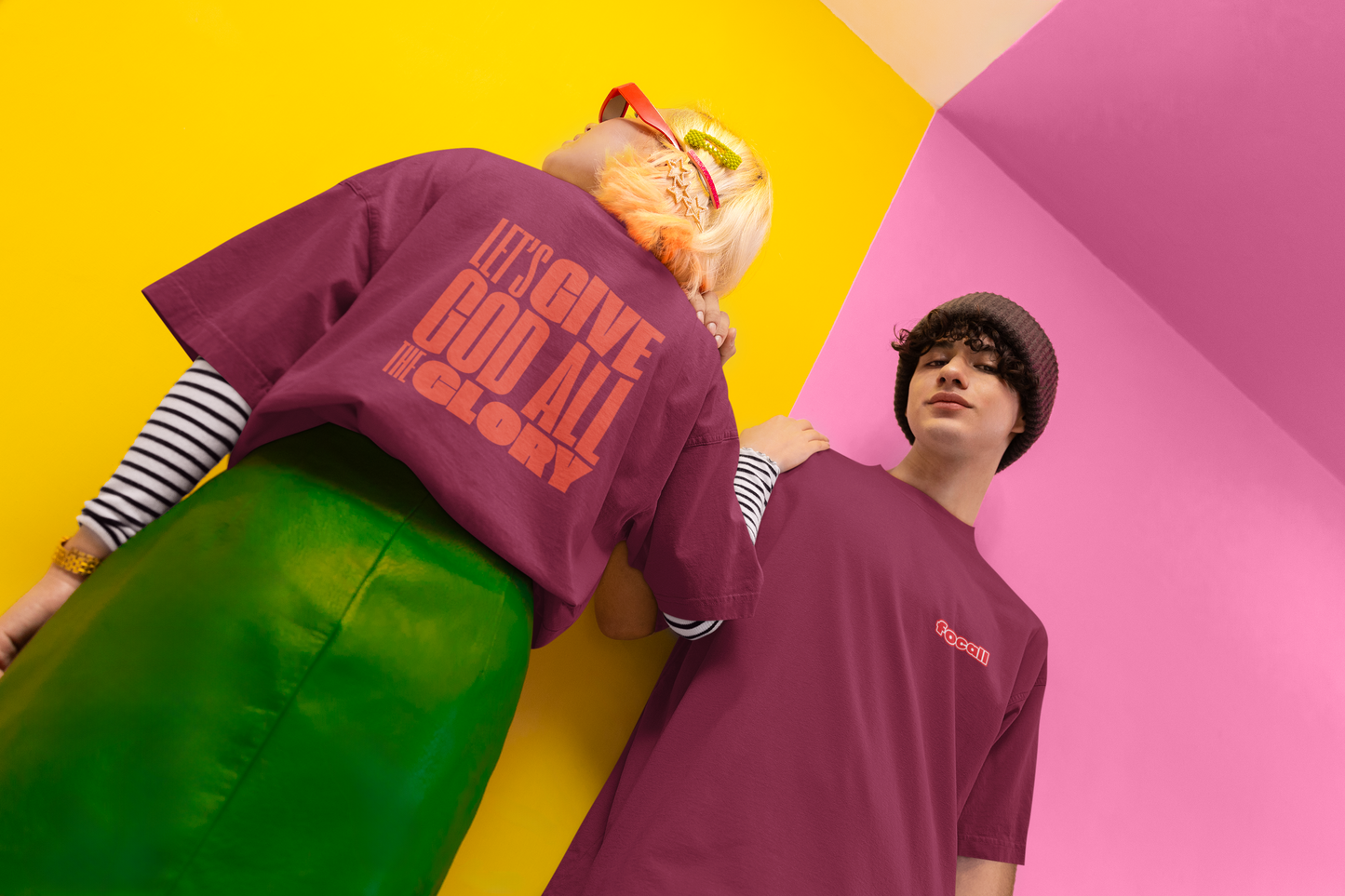 Classic Unisex Crew Neck T-Shirt | Back | Let's Give the Glory - Red Lettering