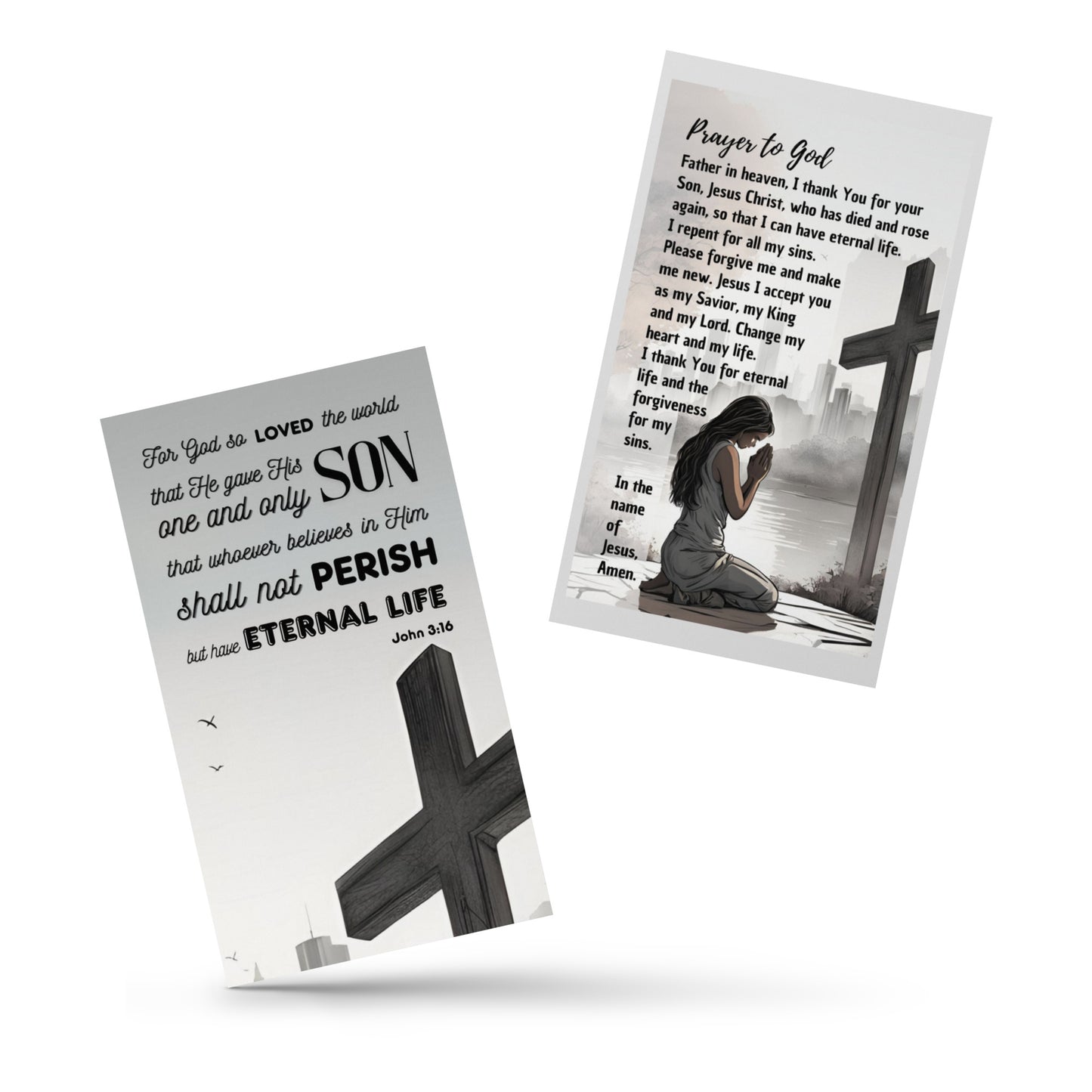 Set of English prayer cards; to share | Double-sided | Woman Praying / Sinner's Prayer | John 3:16