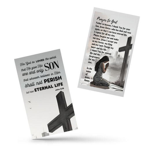 Set of English prayer cards; to share | Double-sided | Woman Praying / Sinner's Prayer | John 3:16