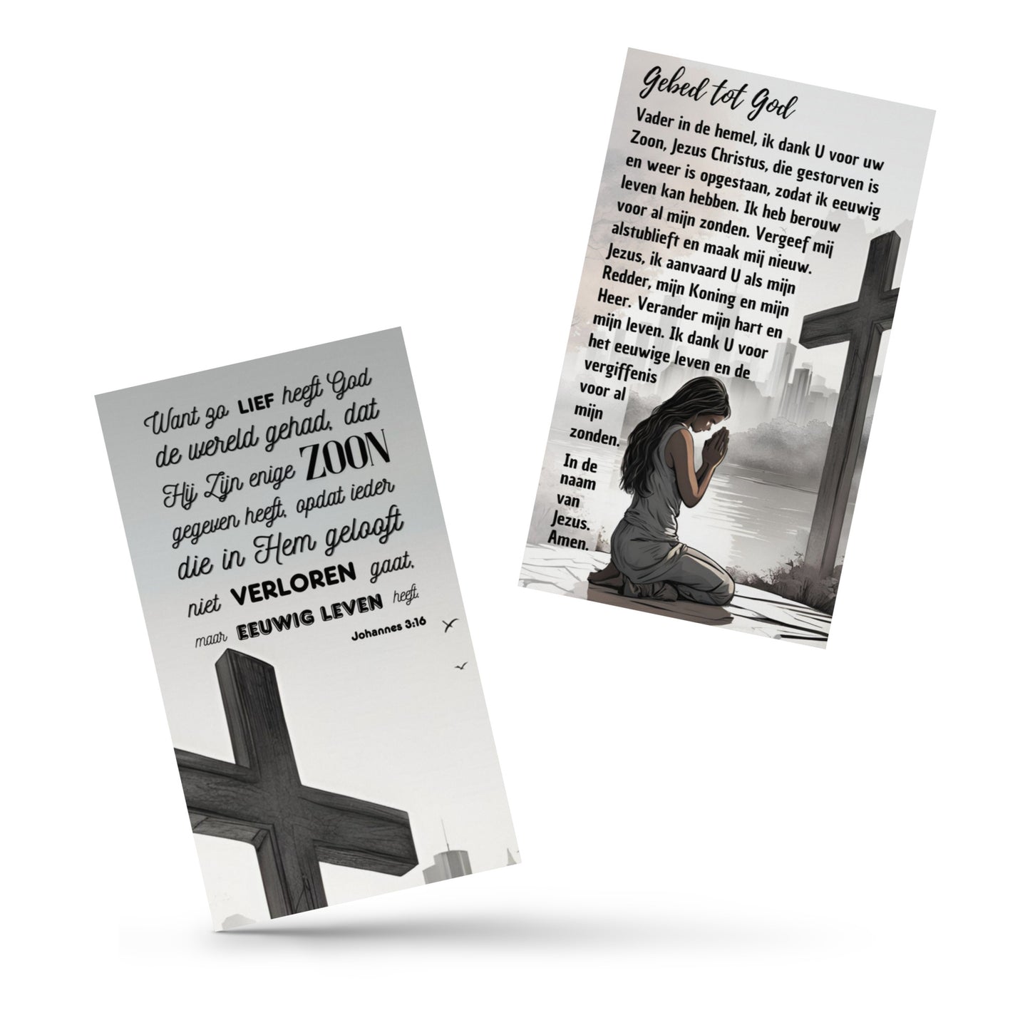 Set of Dutch prayer cards; to share | Double-sided | NL | Praying Woman / Sinner's Prayer | John 3:16