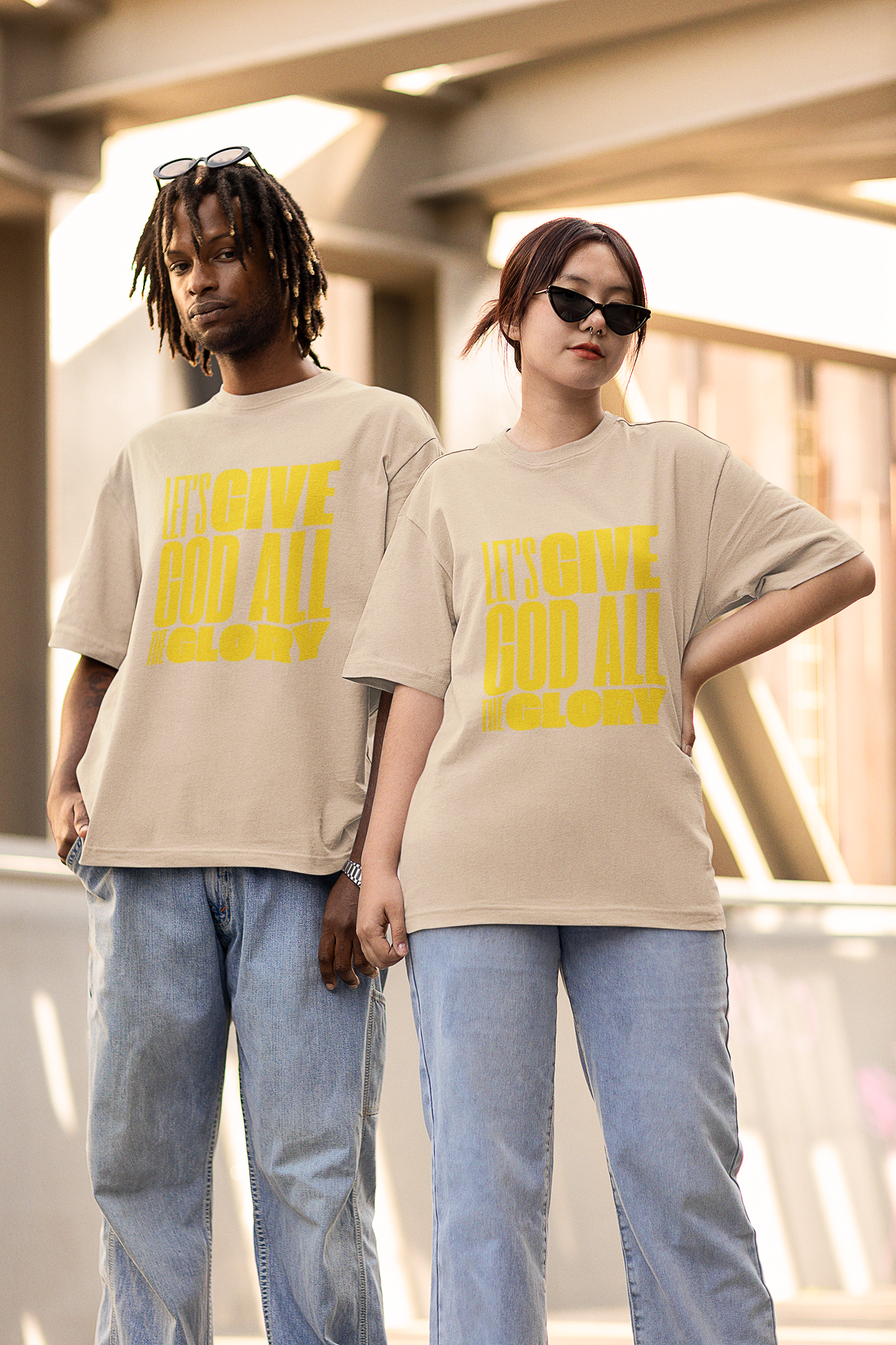 Classic Unisex Crew Neck T-Shirt | Front | Let's Give God the Glory - Yellow Lettering