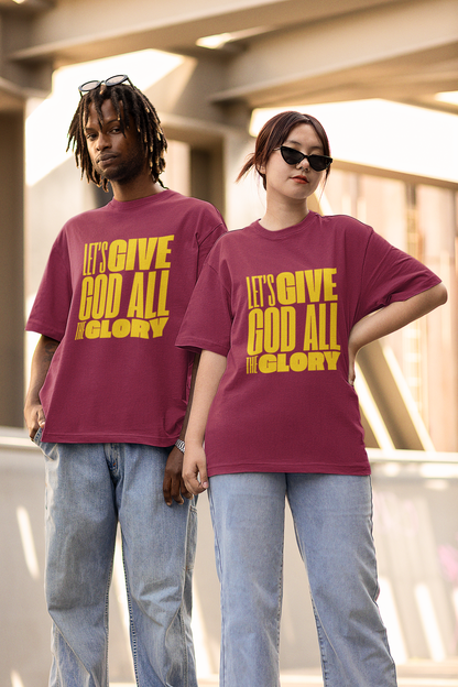 Classic Unisex Crew Neck T-Shirt | Front | Let's Give God the Glory - Yellow Lettering