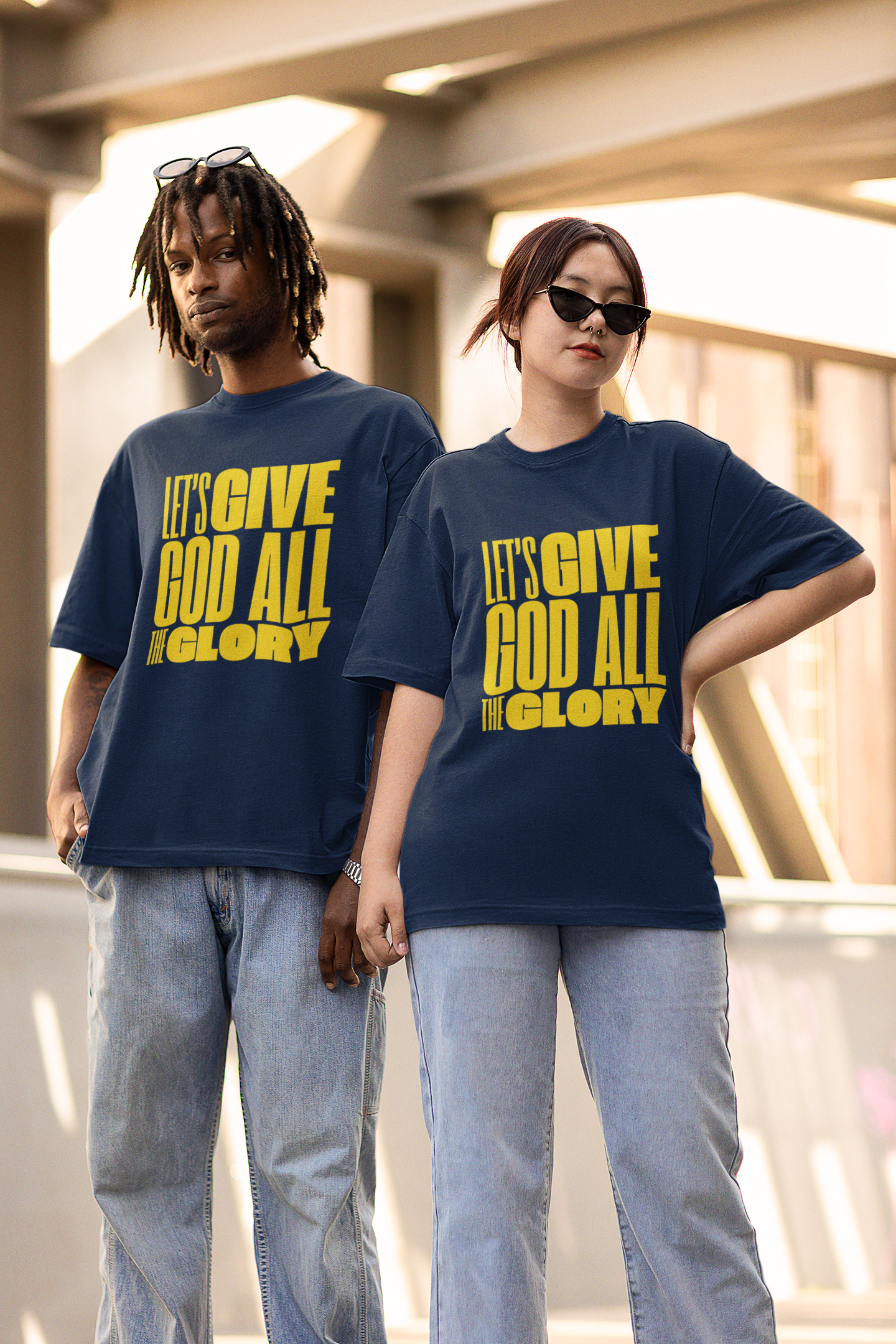 Classic Unisex Crew Neck T-Shirt | Front | Let's Give God the Glory - Yellow Lettering