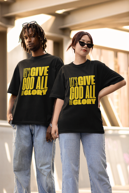 Classic Unisex Crew Neck T-Shirt | Front | Let's Give God the Glory - Yellow Lettering