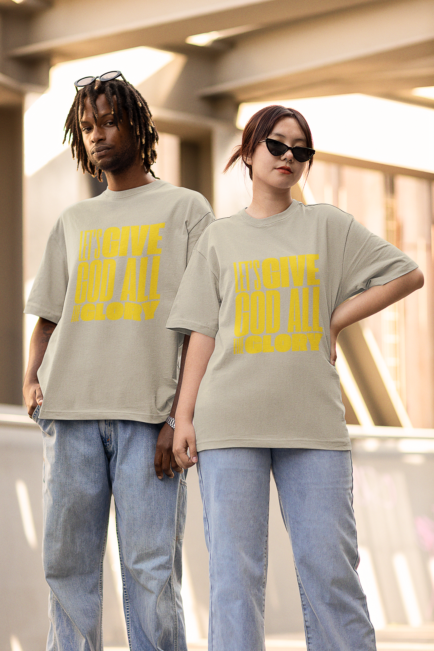 Classic Unisex Crew Neck T-Shirt | Front | Let's Give God the Glory - Yellow Lettering