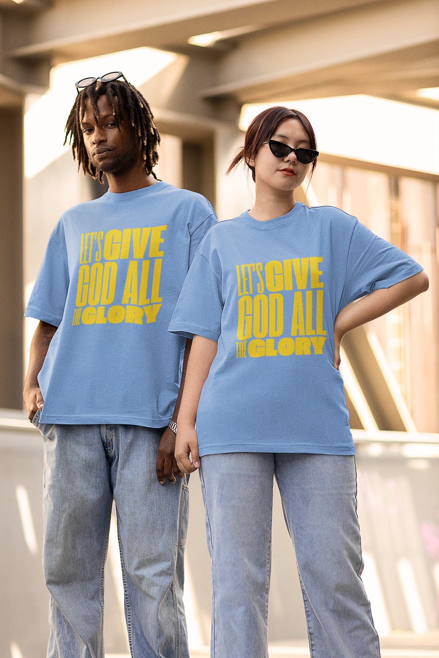 Classic Unisex Crew Neck T-Shirt | Front | Let's Give God the Glory - Yellow Lettering