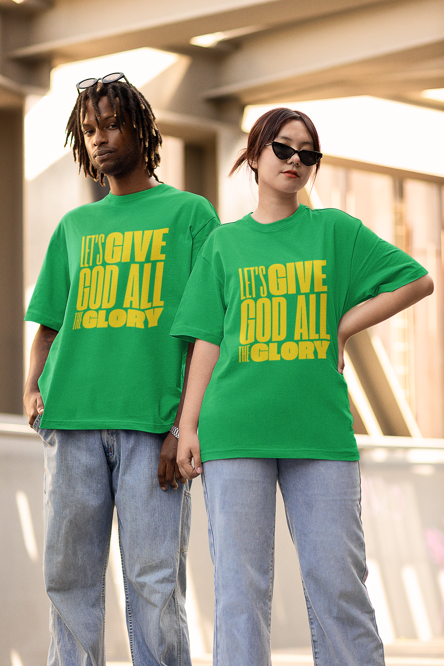 Classic Unisex Crew Neck T-Shirt | Front | Let's Give God the Glory - Yellow Lettering