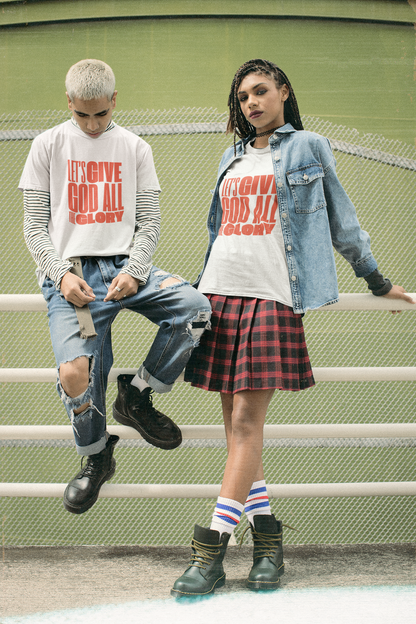 Classic unisex crew neck T-shirt | Front | Let's give the glory - Red lettering