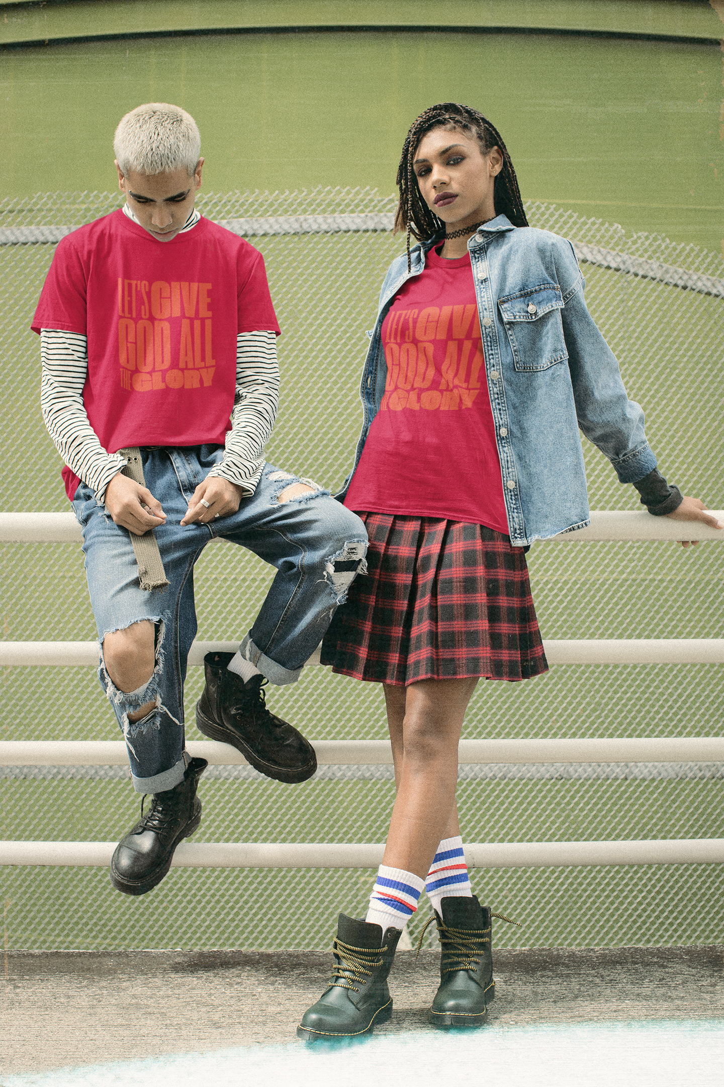 Classic unisex crew neck T-shirt | Front | Let's give the glory - Red lettering