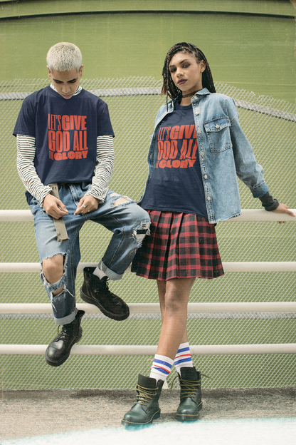 Classic unisex crew neck T-shirt | Front | Let's give the glory - Red lettering
