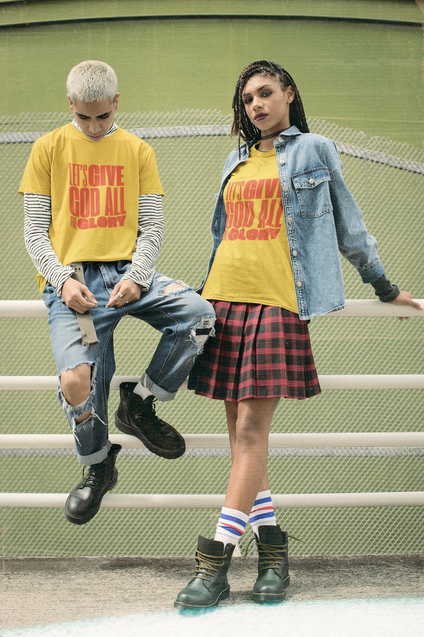 Classic unisex crew neck T-shirt | Front | Let's give the glory - Red lettering