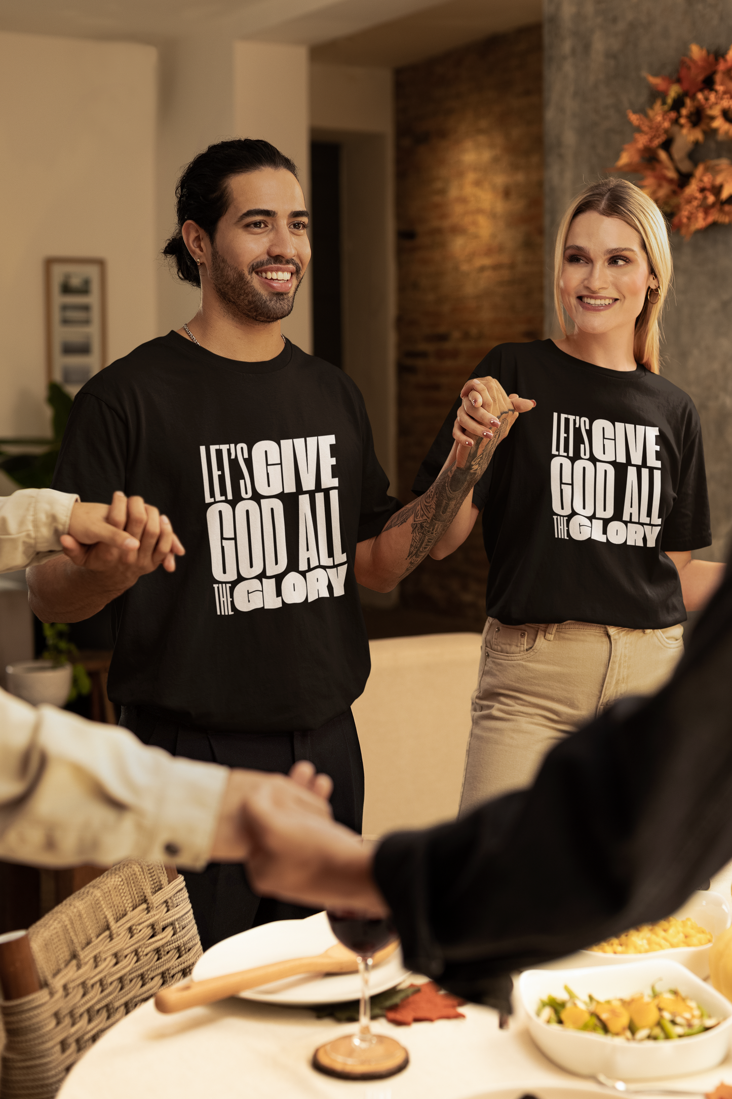 Classic Unisex Crew Neck T-Shirt | Front | Let's Give God the Glory - White Lettering