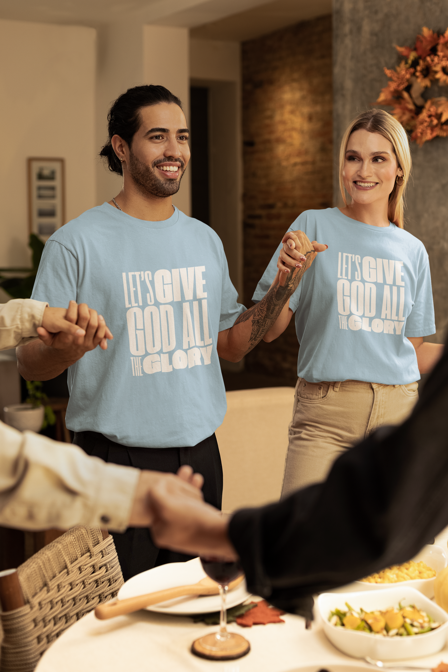 Classic Unisex Crew Neck T-Shirt | Front | Let's Give God the Glory - White Lettering