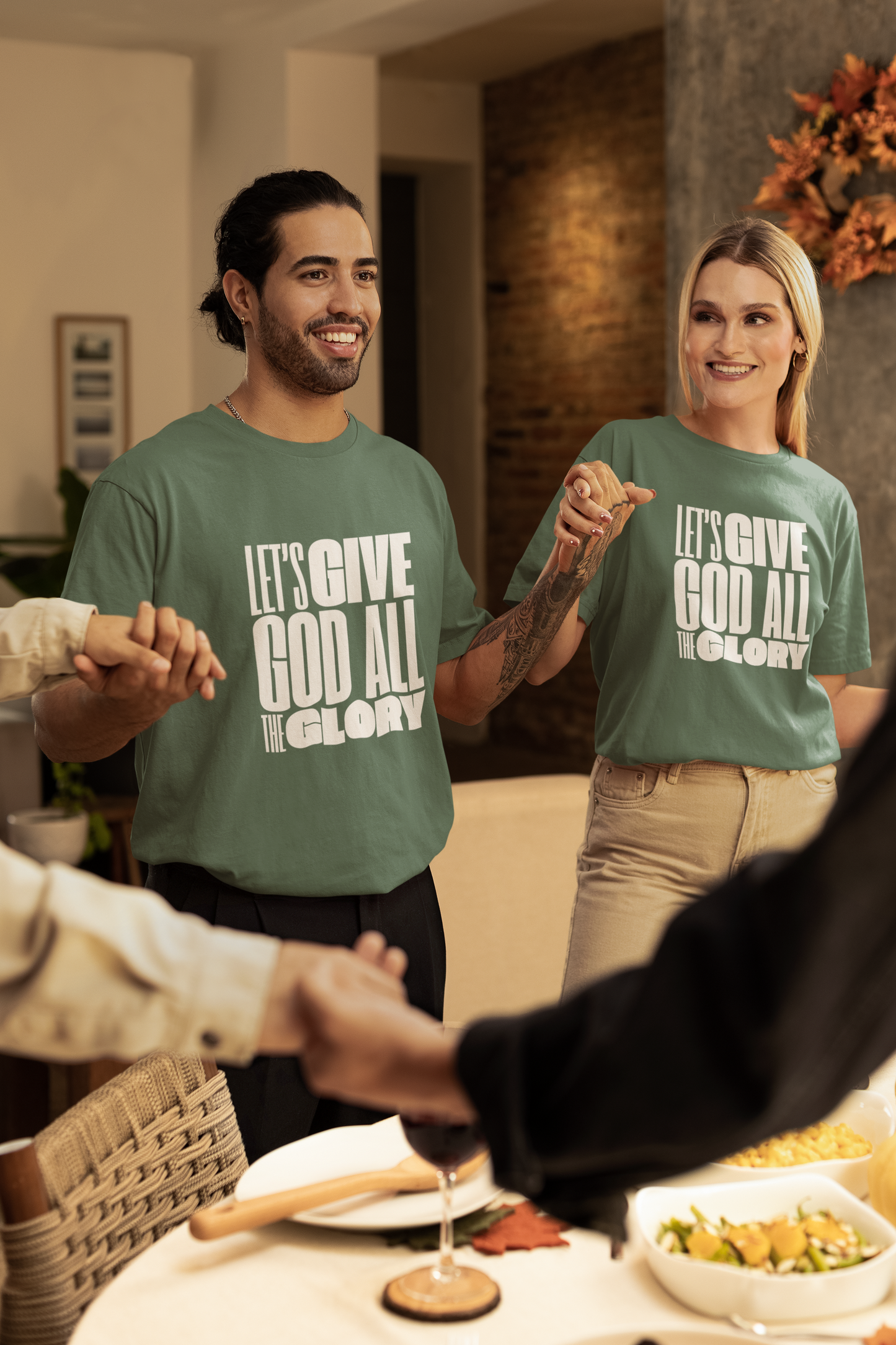 Classic Unisex Crew Neck T-Shirt | Front | Let's Give God the Glory - White Lettering