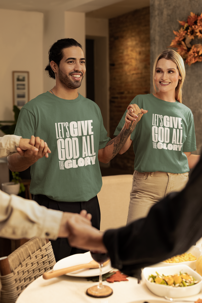 Classic Unisex Crew Neck T-Shirt | Front | Let's Give God the Glory - White Lettering