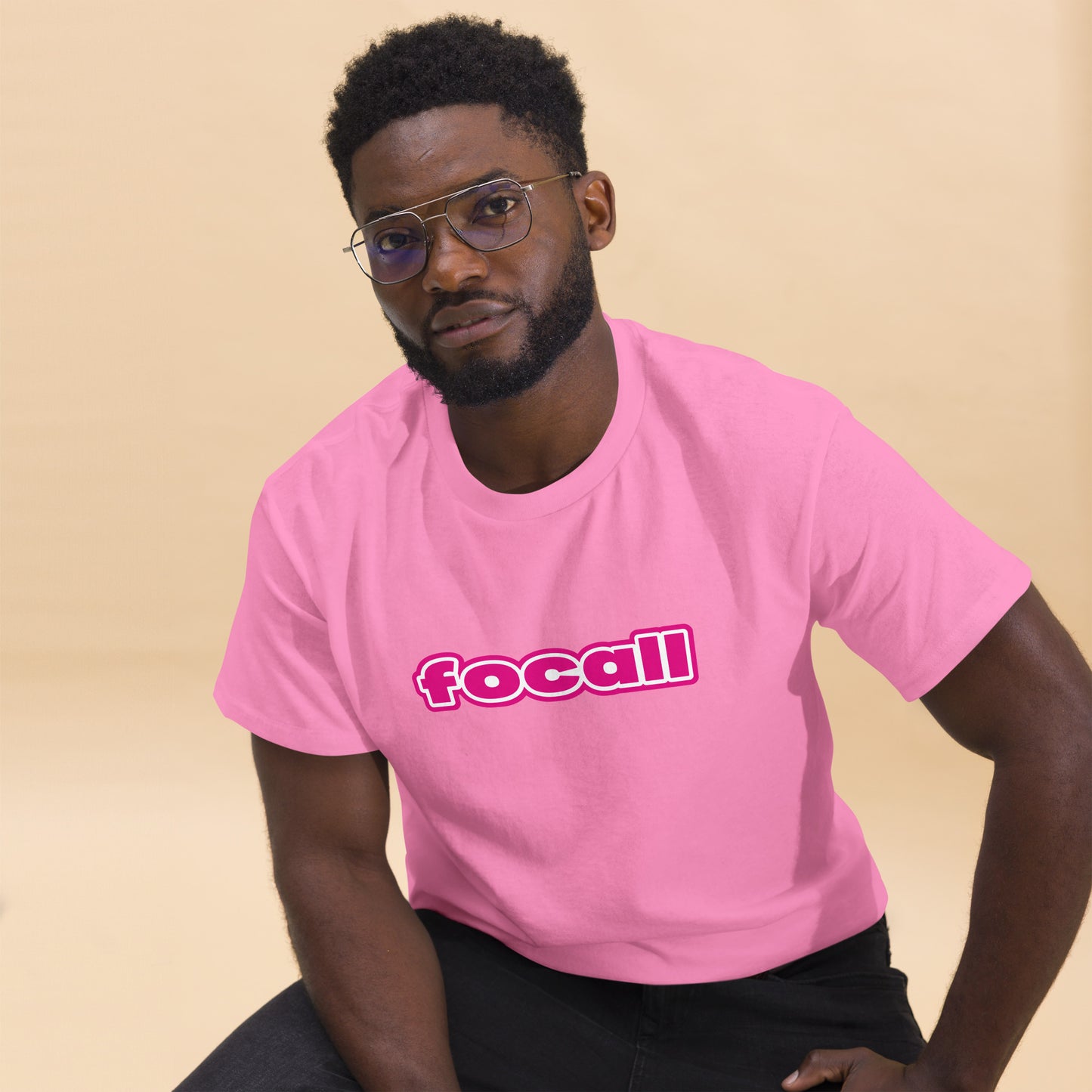 Classic Unisex Crew Neck T-Shirt | Focall Pink White Letters