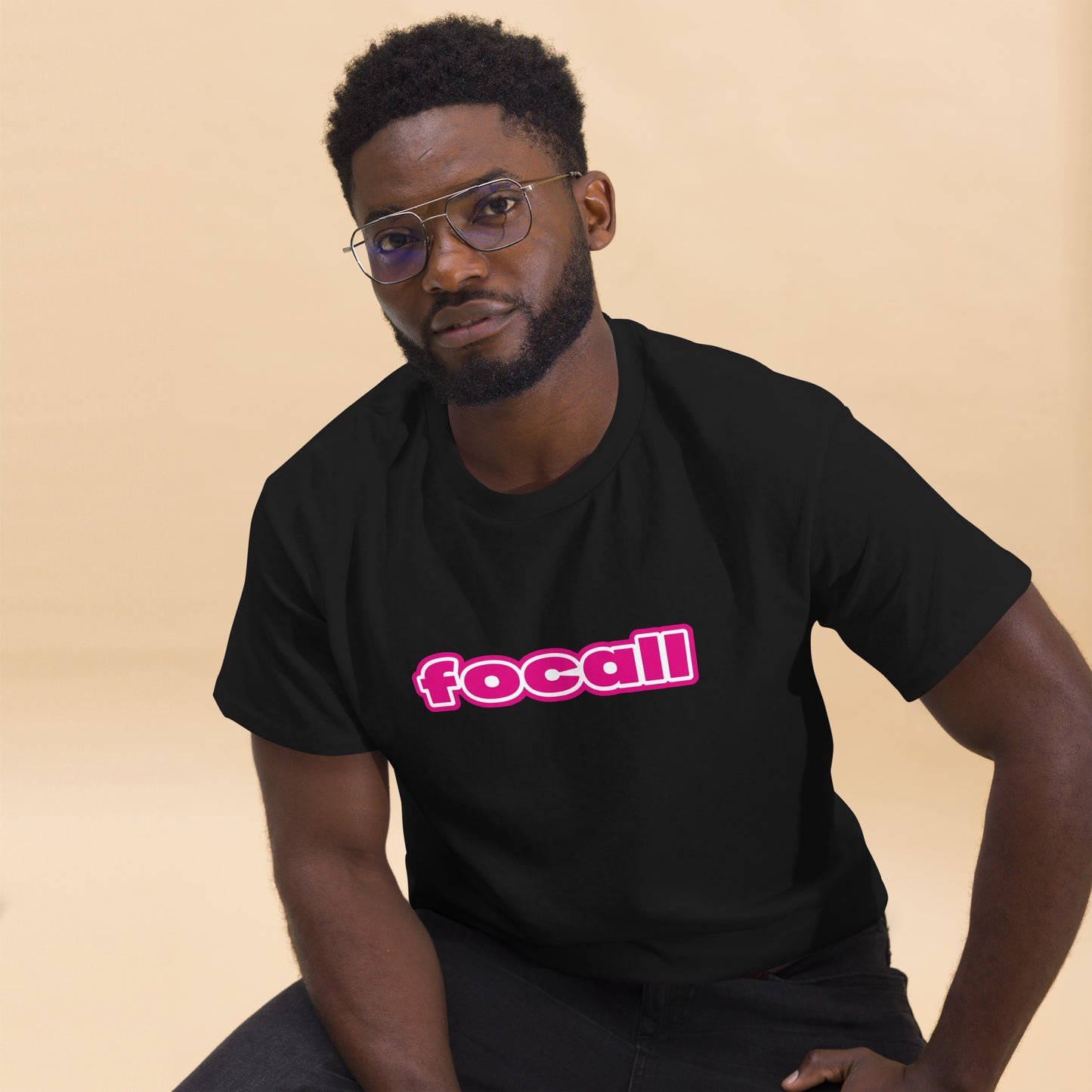 Classic Unisex Crew Neck T-Shirt | Focall Pink White Letters