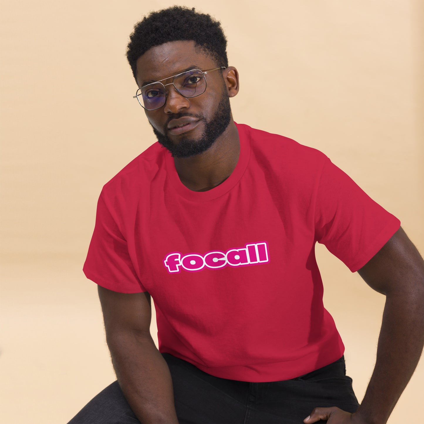 Classic Unisex Crew Neck T-Shirt | Focall Pink White Letters