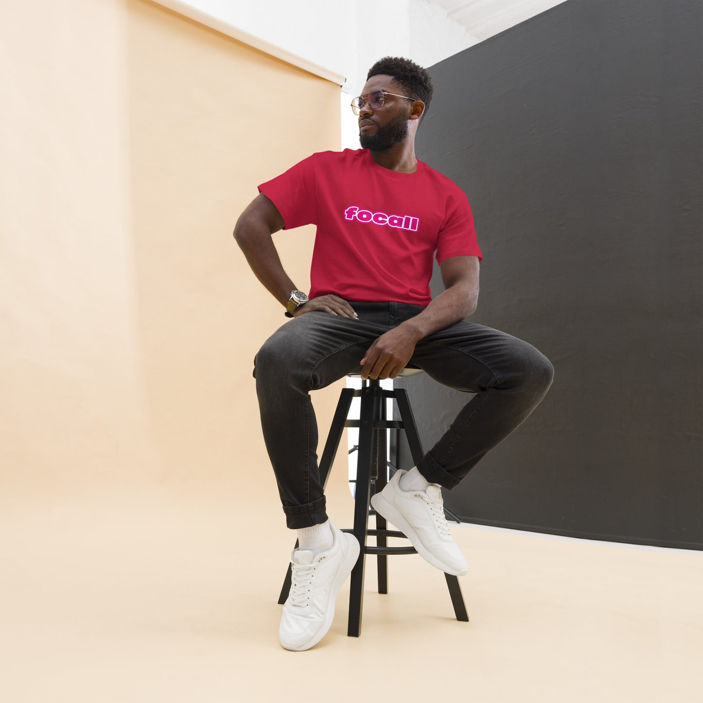 Classic Unisex Crew Neck T-Shirt | Focall Pink White Letters