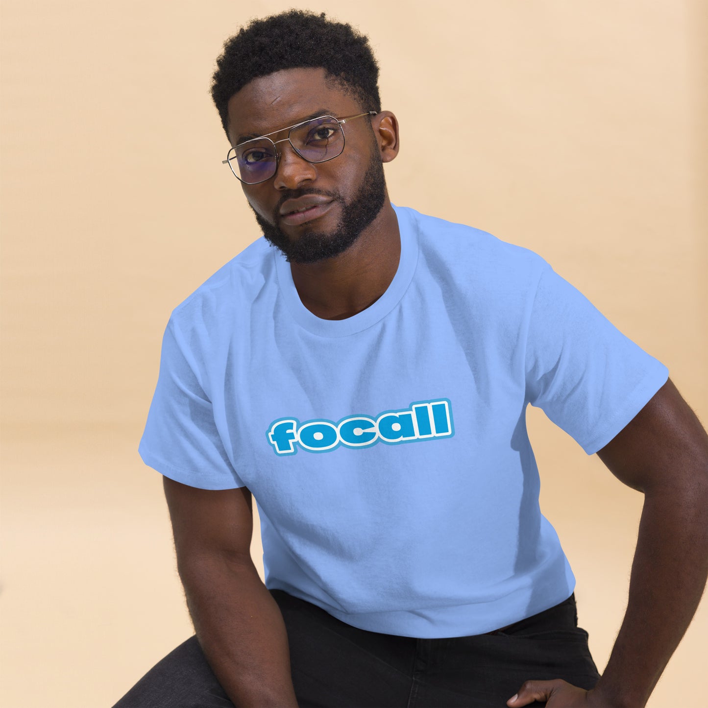 Classic Unisex Crew Neck T-Shirt | Focall Blue White Letters