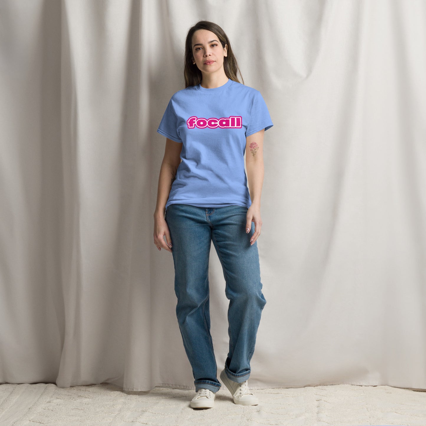 Classic Unisex Crew Neck T-Shirt | Focall Pink White Letters