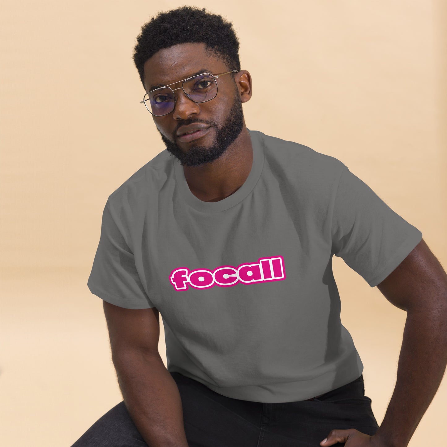 Classic Unisex Crew Neck T-Shirt | Focall Pink White Letters