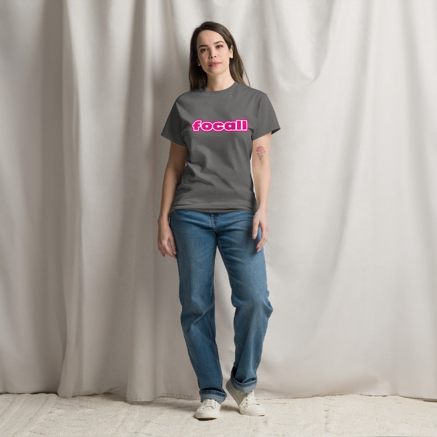 Classic Unisex Crew Neck T-Shirt | Focall Pink White Letters