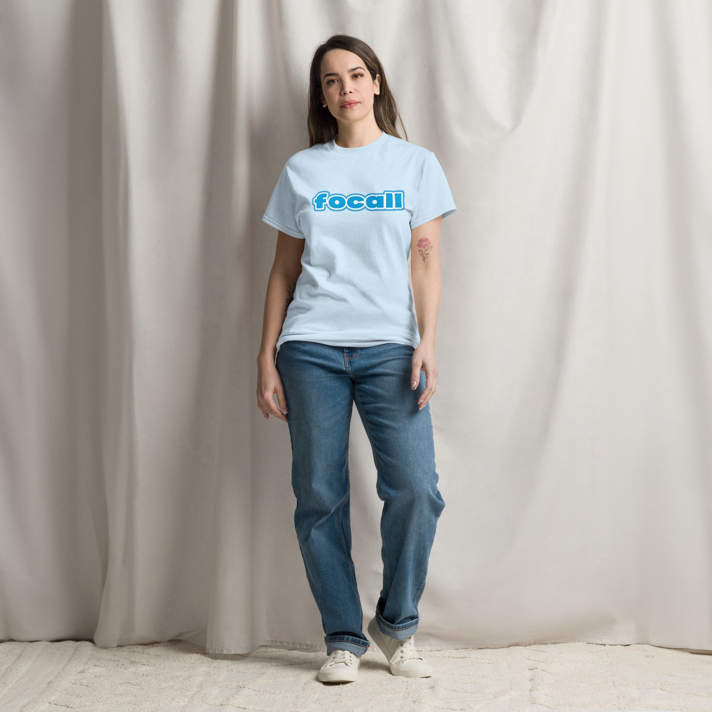 Classic Unisex Crew Neck T-Shirt | Focall Blue White Letters