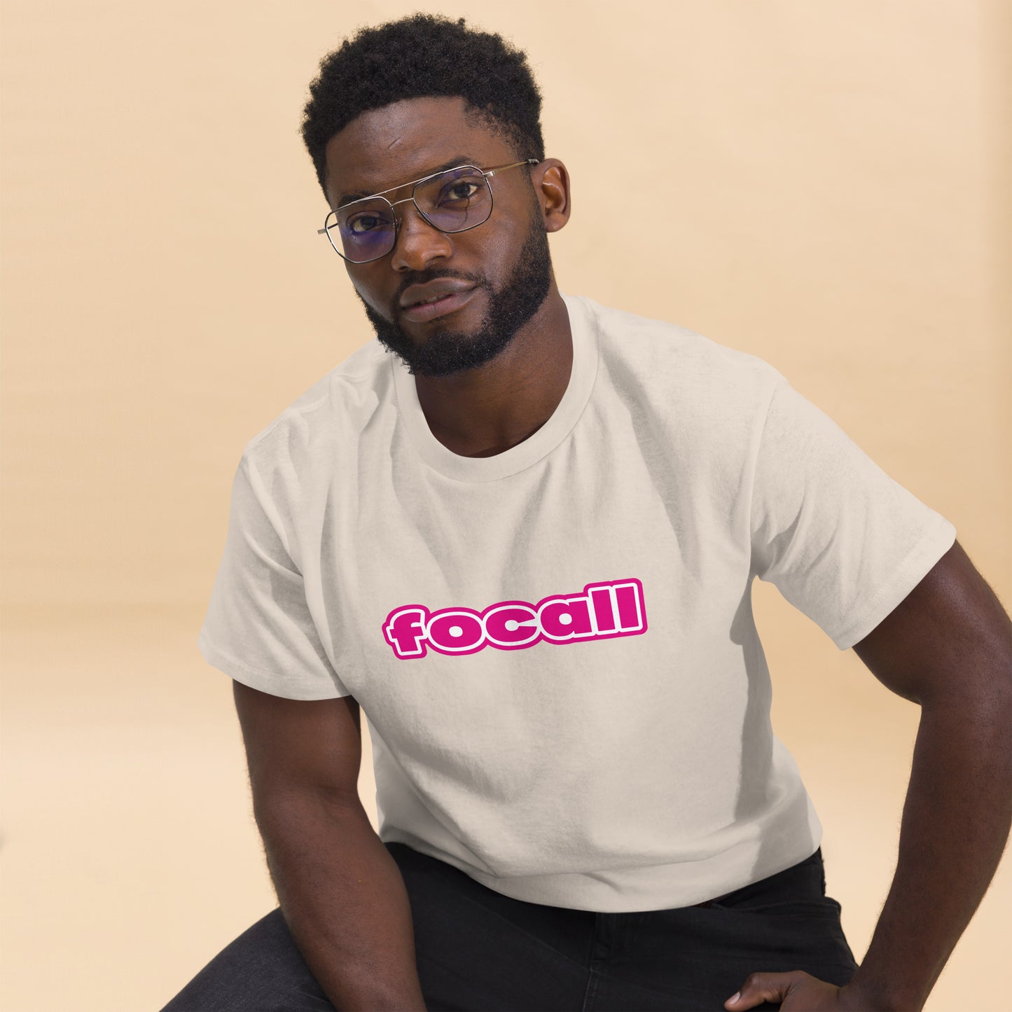Classic Unisex Crew Neck T-Shirt | Focall Pink White Letters