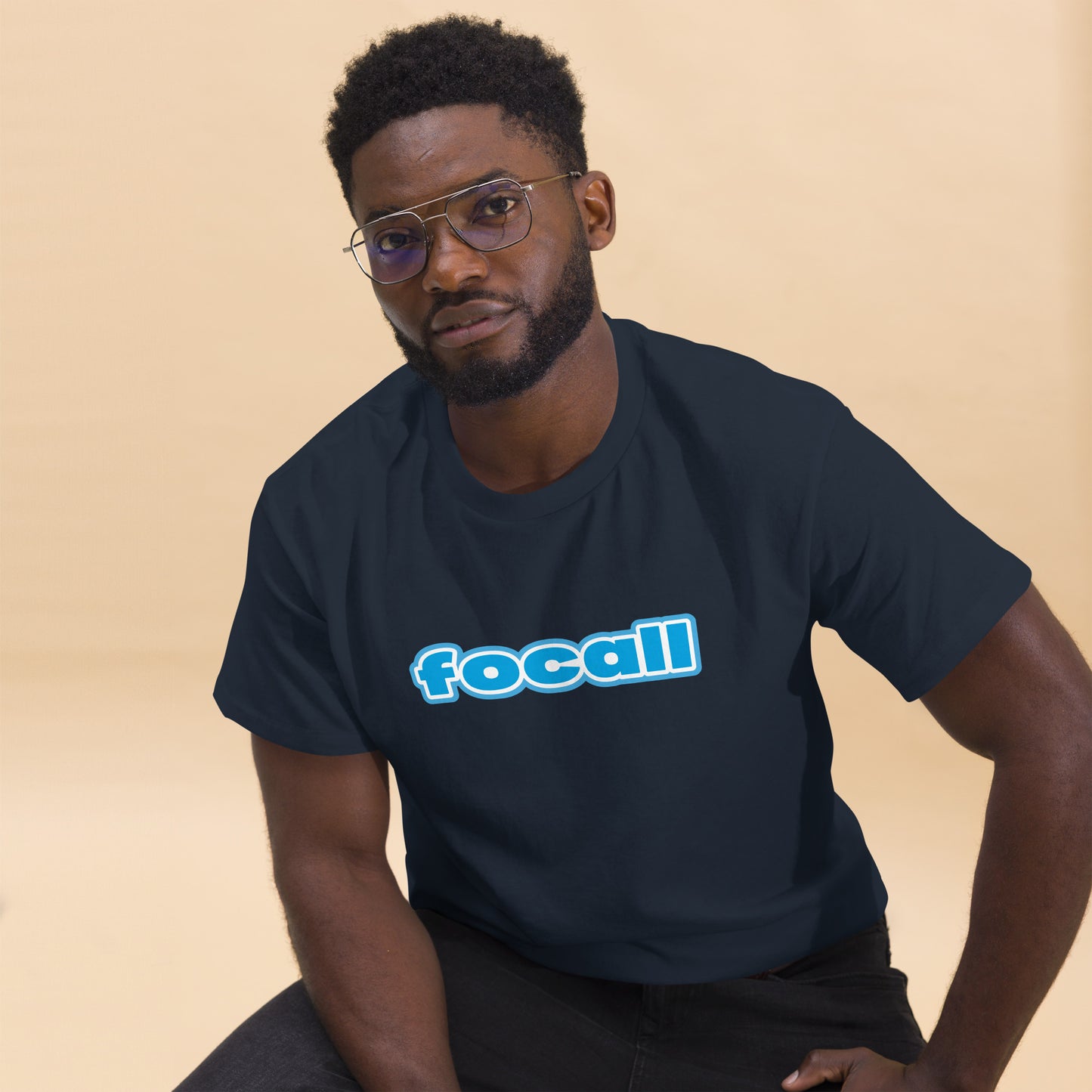 Classic Unisex Crew Neck T-Shirt | Focall Blue White Letters