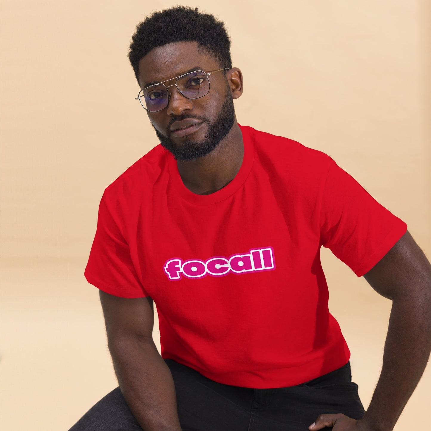 Classic Unisex Crew Neck T-Shirt | Focall Pink White Letters