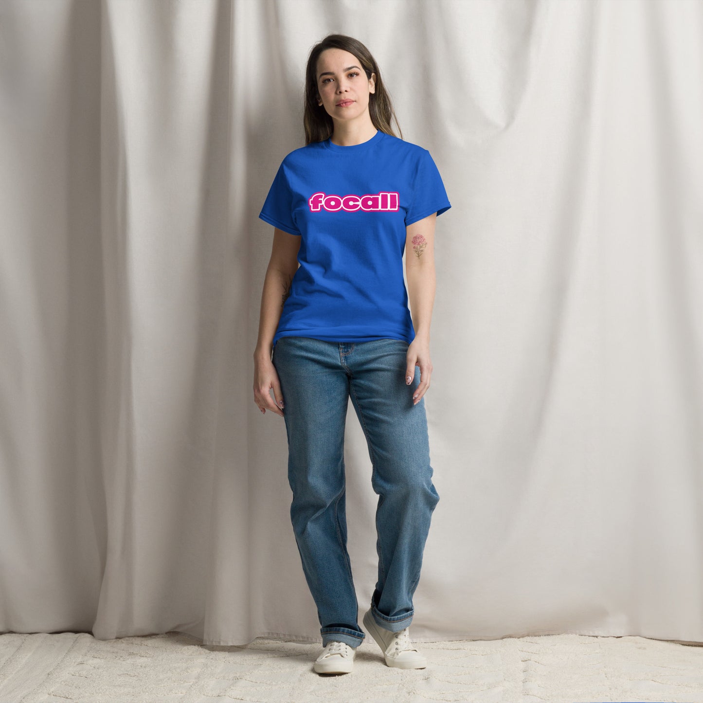 Classic Unisex Crew Neck T-Shirt | Focall Pink White Letters