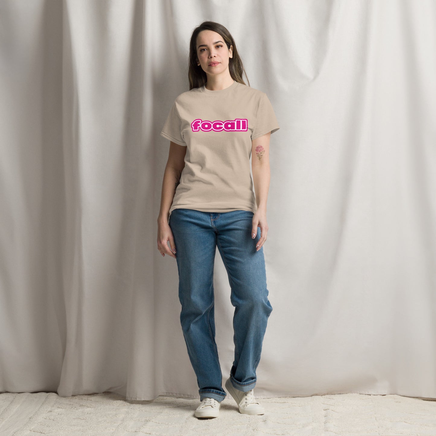 Classic Unisex Crew Neck T-Shirt | Focall Pink White Letters