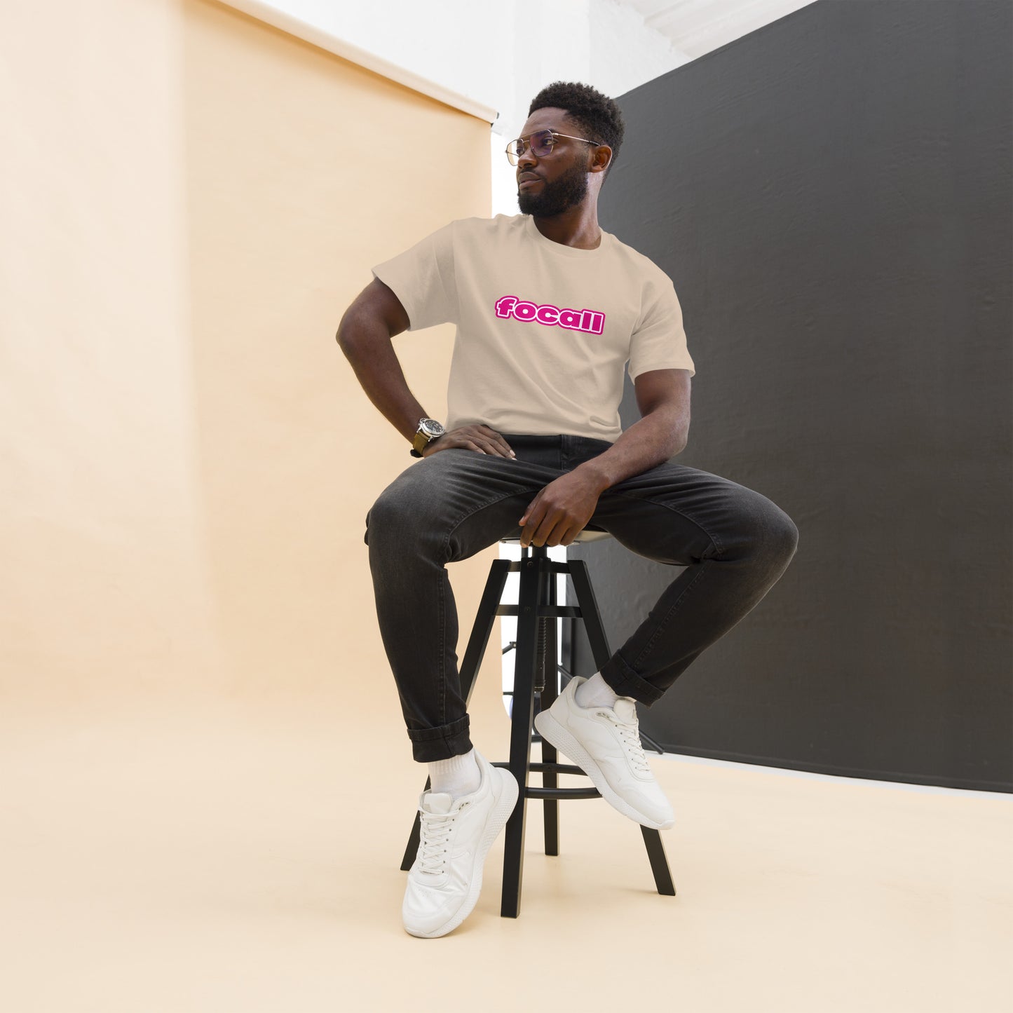 Classic Unisex Crew Neck T-Shirt | Focall Pink White Letters