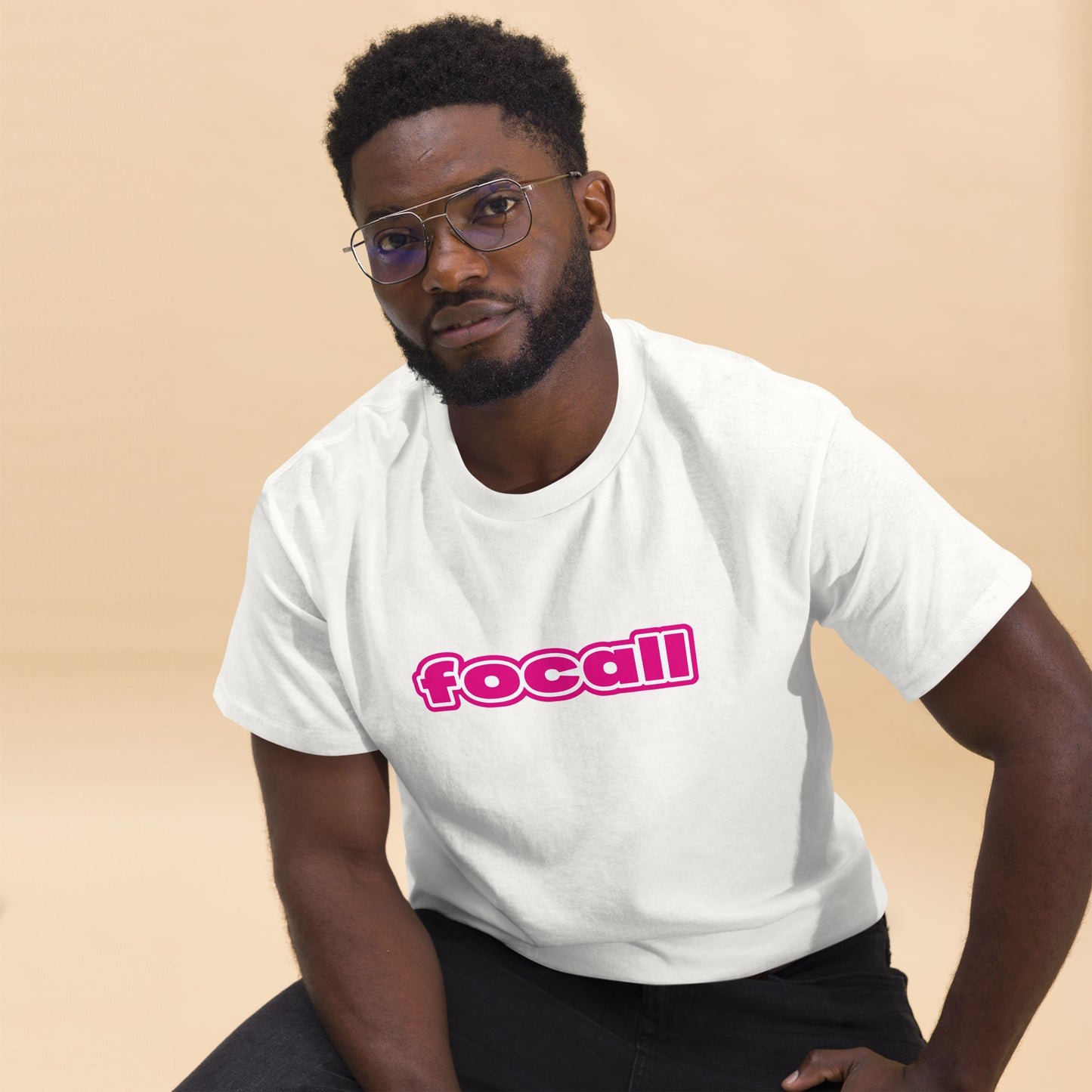 Classic Unisex Crew Neck T-Shirt | Focall Pink White Letters