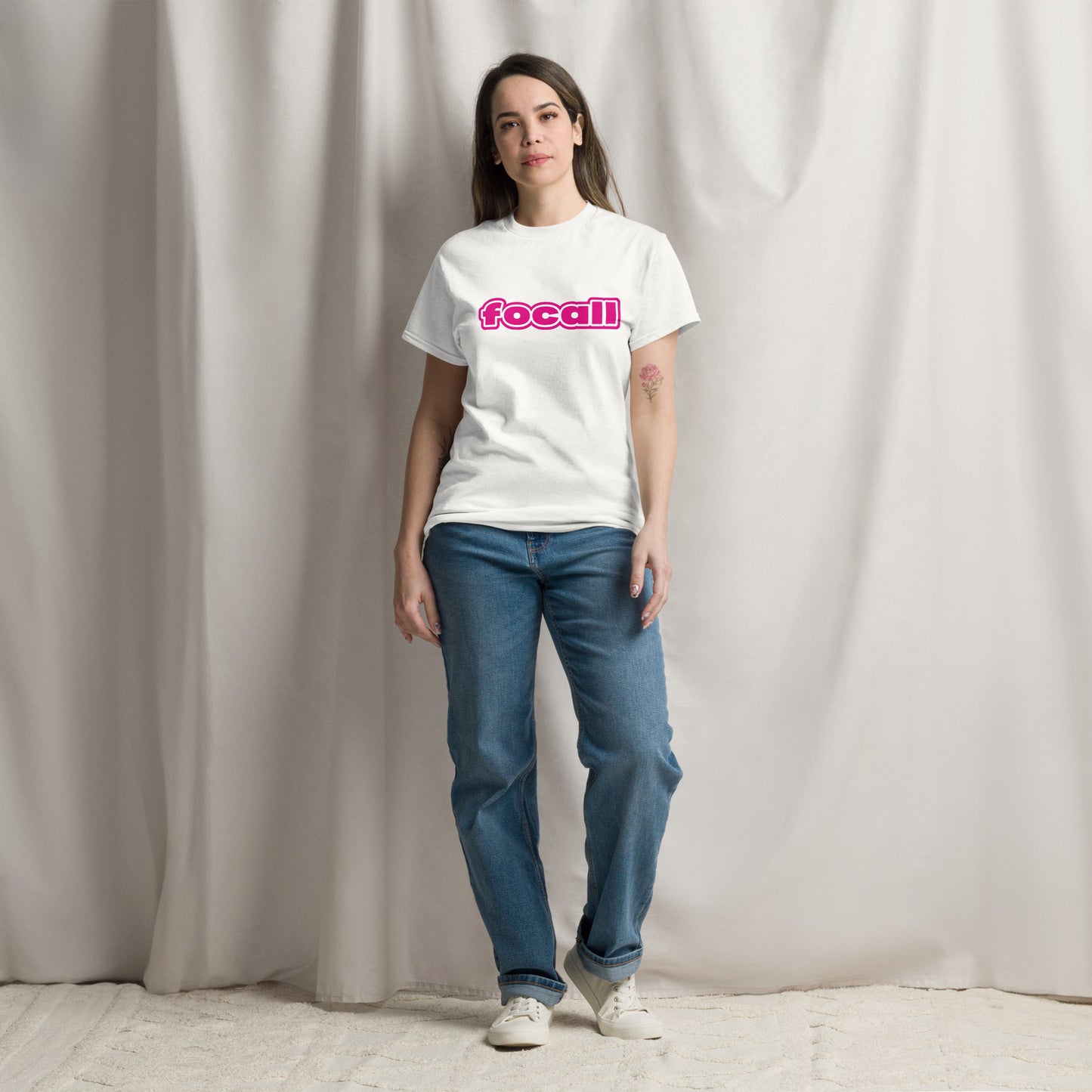 Classic Unisex Crew Neck T-Shirt | Focall Pink White Letters