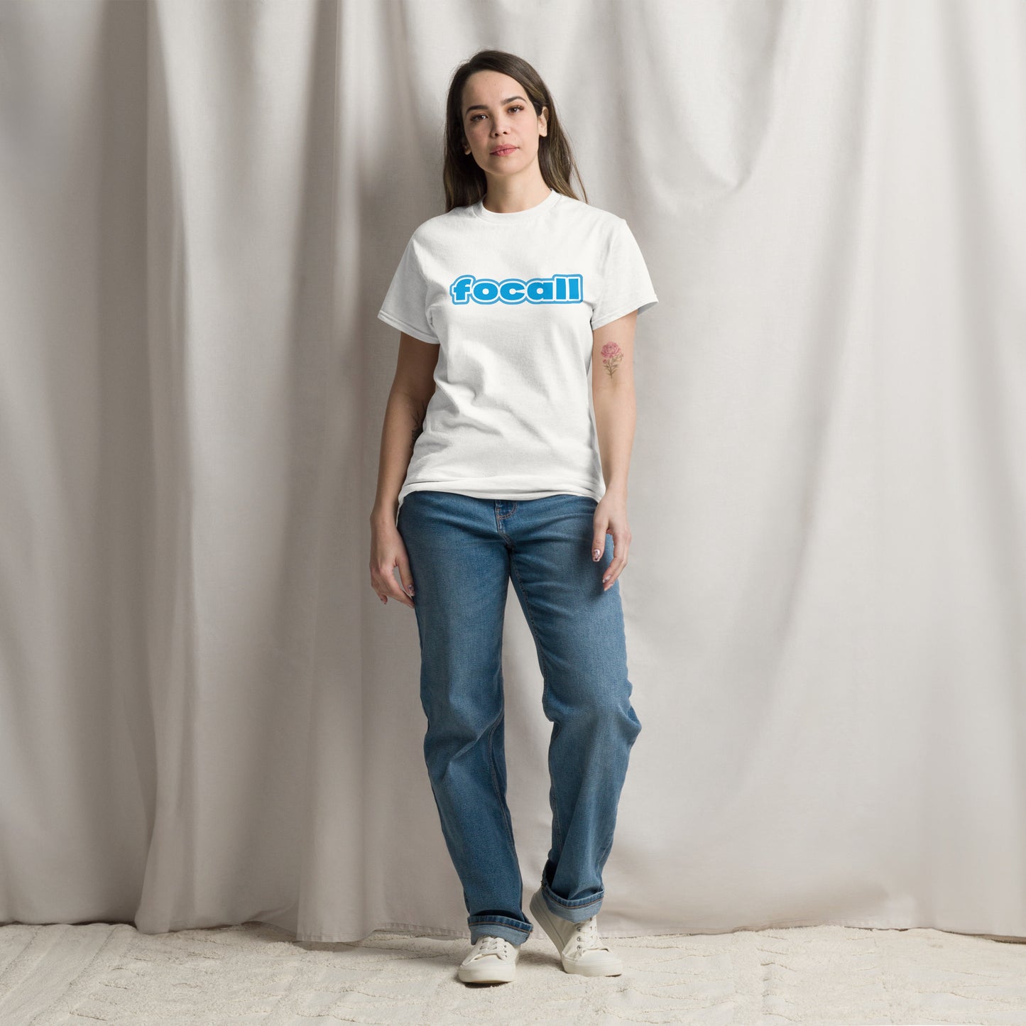 Classic Unisex Crew Neck T-Shirt | Focall Blue White Letters